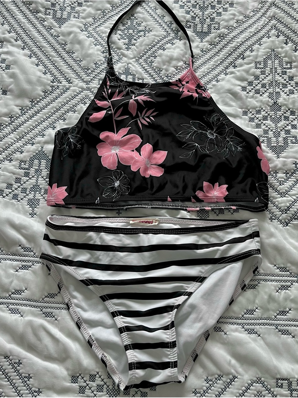 Girls Black Floral Halter Tankini with Pink Flowers & Striped Bottoms